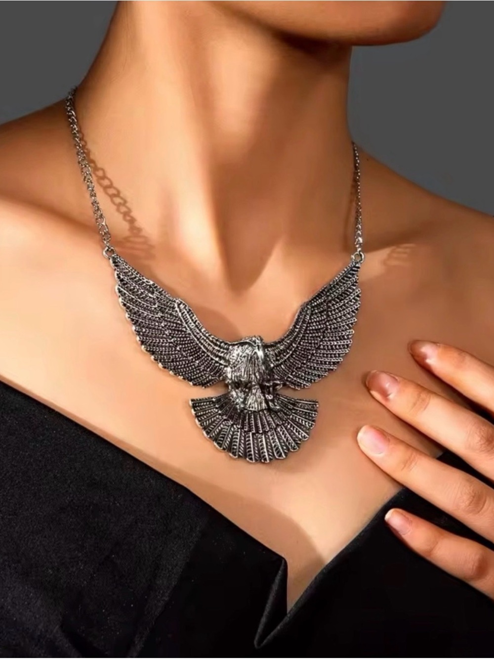 Silver Eagle Wing Statement Necklace